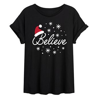 Juniors' Believe With Santa Hat Oversized Tee