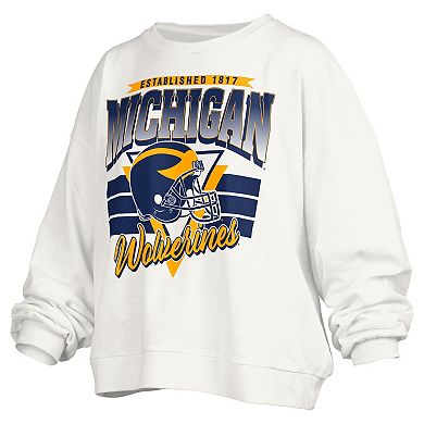 Women's Pressbox White Michigan Wolverines Janice Retro Logo Oversized Pullover Sweatshirt