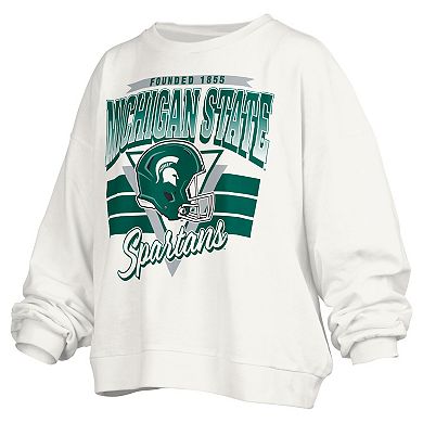 Women's Pressbox White Michigan State Spartans Janice Retro Logo Oversized Pullover Sweatshirt