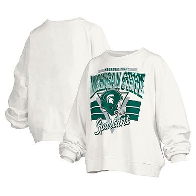 Women's Pressbox White Michigan State Spartans Janice Retro Logo Oversized Pullover Sweatshirt