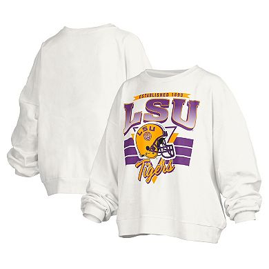 Women's Pressbox White LSU Tigers Janice Retro Logo Oversized Pullover Sweatshirt