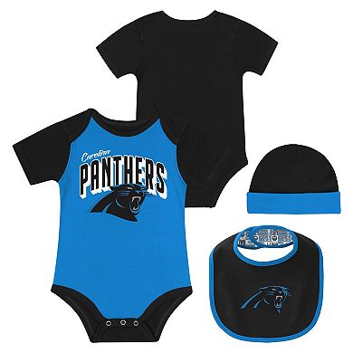"Newborn & Infant Carolina Panthers Dynamic Duo Bodysuit, Bib & Knit Hat Set"