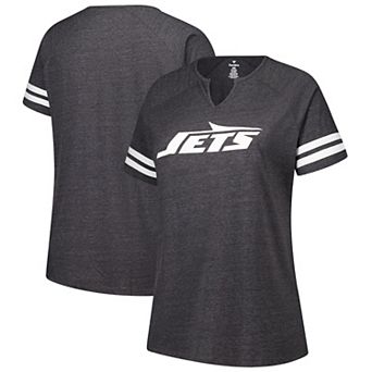 Women's Fanatics Charcoal New York Jets Plus Size Logo Striped Raglan Notch Neck T-Shirt