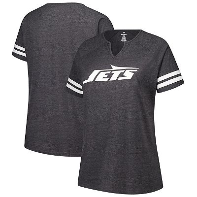 Women s Fanatics Charcoal New York Jets Plus Size Logo Striped Raglan Notch Neck T Shirt