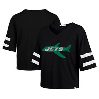 Women's '47 Black New York Jets Double Header Scout Cropped V-Neck T-Shirt