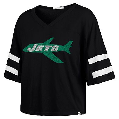 Women's '47 Black New York Jets Double Header Scout Cropped V-Neck T-Shirt