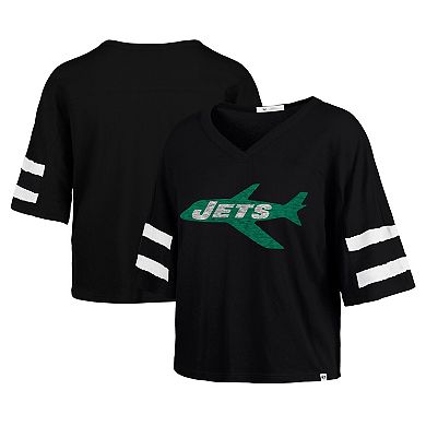 Women's '47 Black New York Jets Double Header Scout Cropped V-Neck T-Shirt