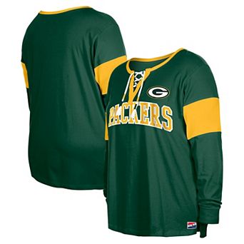 Women's New Era Green Green Bay Packers Plus Size Lace-Up Notch Neck Long Sleeve T-Shirt