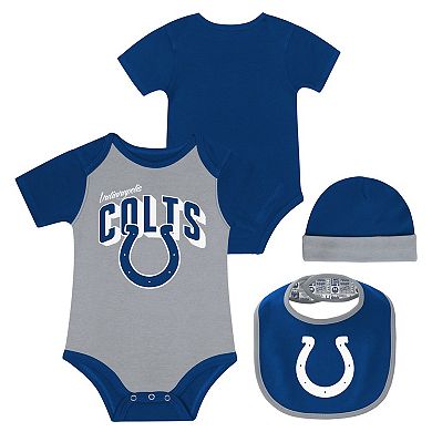 "Newborn & Infant Indianapolis Colts Dynamic Duo Bodysuit, Bib & Knit Hat Set"