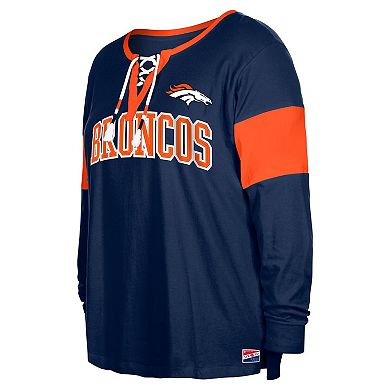 Women's New Era Navy Denver Broncos Plus Size Lace-Up Notch Neck Long Sleeve T-Shirt