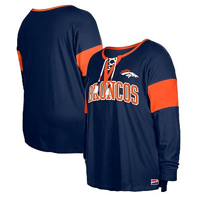 Women's New Era Navy Denver Broncos Plus Size Lace-Up Notch Neck Long Sleeve T-Shirt