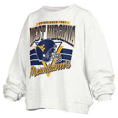 Women's Pressbox White West Virginia Mountaineers Janice Retro Logo Oversized Pullover Sweatshirt