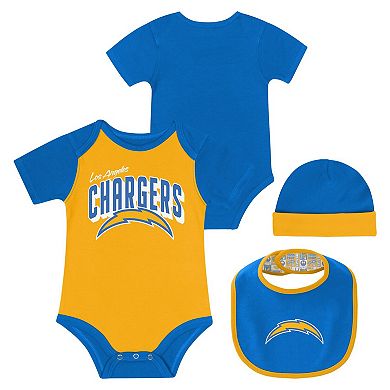 "Newborn & Infant Los Angeles Chargers Dynamic Duo Bodysuit, Bib & Knit Hat Set"