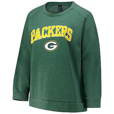 Women's Fanatics Heather Green Green Bay Packers Acid Wash Raglan Pullover Sweatshirt