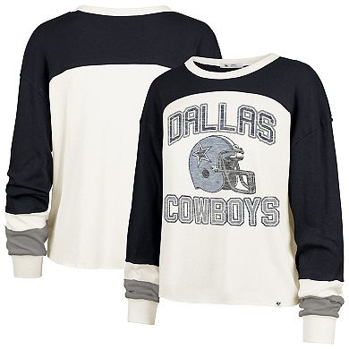 Women's '47 Cream Dallas Cowboys Double Header Curve Raglan Long Sleeve Crop Top
