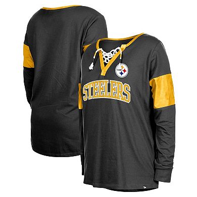 Women's New Era Black Pittsburgh Steelers Lace-Up Notch-Neck Long Sleeve T-Shirt