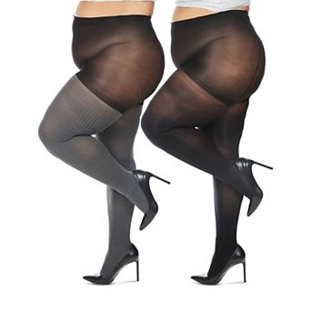 Women's Curvy 2 Pair Pack Flat Knit And Rib Control Top Tights
