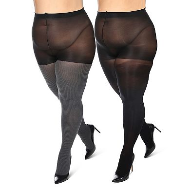 Women's Curvy 2 Pair Pack Flat Knit And Rib Control Top Tights