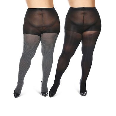 Women's Curvy 2 Pair Pack Flat Knit And Rib Control Top Tights