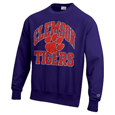 Men's Champion Purple Clemson Tigers Vault Late Night Reverse Weave Pullover Sweatshirt