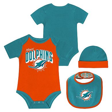 "Newborn & Infant Miami Dolphins Dynamic Duo Bodysuit, Bib & Knit Hat Set"
