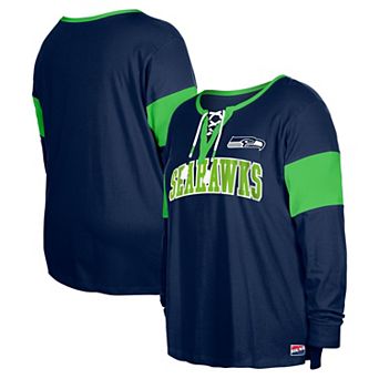 Women's New Era College Navy Seattle Seahawks Plus Size Lace-Up Notch Neck Long Sleeve T-Shirt