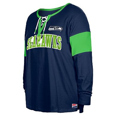 Women's New Era College Navy Seattle Seahawks Plus Size Lace-Up Notch Neck Long Sleeve T-Shirt