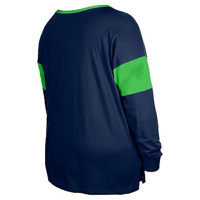 Women's New Era College Navy Seattle Seahawks Plus Size Lace-Up Notch Neck Long Sleeve T-Shirt