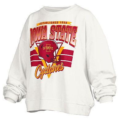 Women's Pressbox White Iowa State Cyclones Janice Retro Logo Oversized Pullover Sweatshirt