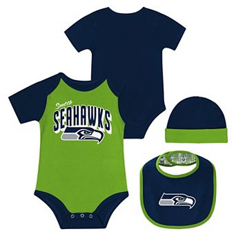 "Newborn & Infant Seattle Seahawks Dynamic Duo Bodysuit, Bib & Knit Hat Set"