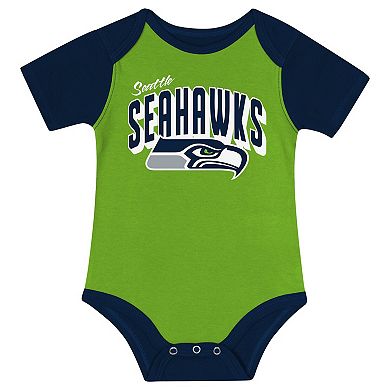 "Newborn & Infant Seattle Seahawks Dynamic Duo Bodysuit, Bib & Knit Hat Set"