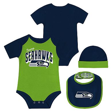 "Newborn & Infant Seattle Seahawks Dynamic Duo Bodysuit, Bib & Knit Hat Set"