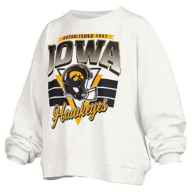 Women's Pressbox White Iowa Hawkeyes Janice Retro Logo Oversized Pullover Sweatshirt