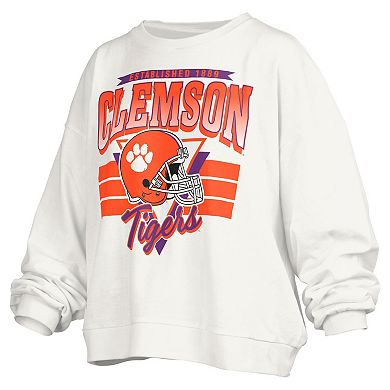 Women's Pressbox White Clemson Tigers Janice Retro Logo Oversized Pullover Sweatshirt