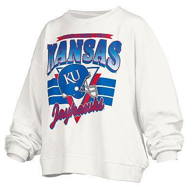 Women's Pressbox White Kansas Jayhawks Janice Retro Logo Oversized Pullover Sweatshirt