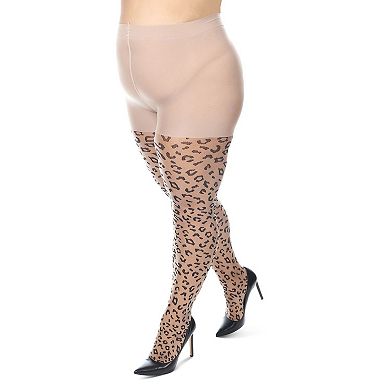 Women's Curvy Leopard Sheer Nylon Control Top Tights