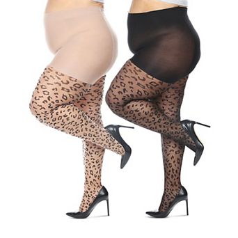 Women's Curvy Leopard Sheer Nylon Control Top Tights