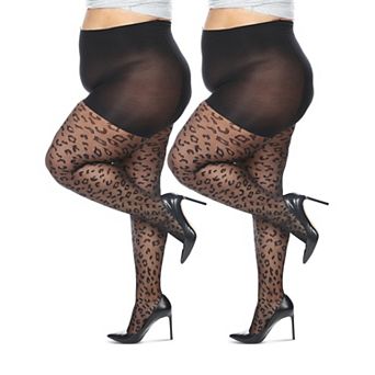 Women's Curvy Leopard Sheer Nylon Control Top Tights