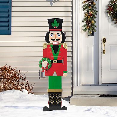 Glitzhome 60”h Metal Christmas Soldier Nutcracker Porch Decor With Wreath