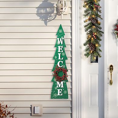 Glitzhome 42" H Wooden Welcome Christmas Tree Porch Sign with Berries Wreath