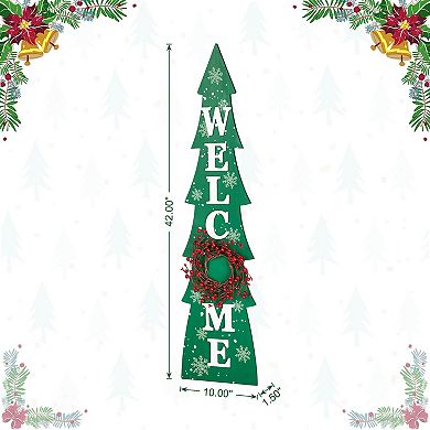 Glitzhome 42" H Wooden Welcome Christmas Tree Porch Sign with Berries Wreath
