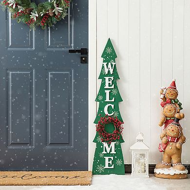 Glitzhome 42" H Wooden Welcome Christmas Tree Porch Sign with Berries Wreath