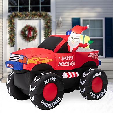 Glitzhome 7ft Lighted Santa Claus On Pick Up Off-road Vehicle Inflatable Decor