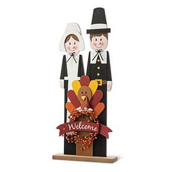 Glitzhome 36''H Pilgrim Couple with Turkey Porch Sign, Thanksgiving Welcome Sign Standing Decor