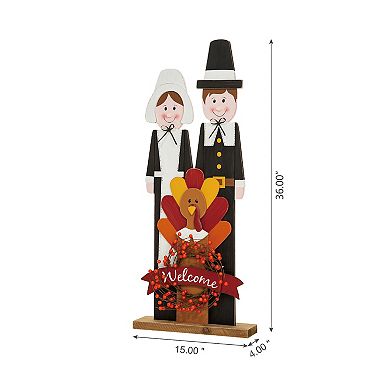 Glitzhome 36''H Pilgrim Couple with Turkey Porch Sign, Thanksgiving Welcome Sign Standing Decor