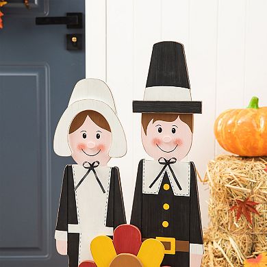 Glitzhome 36''H Pilgrim Couple with Turkey Porch Sign, Thanksgiving Welcome Sign Standing Decor