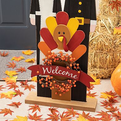 Glitzhome 36''H Pilgrim Couple with Turkey Porch Sign, Thanksgiving Welcome Sign Standing Decor
