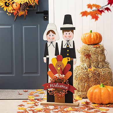 Glitzhome 36''H Pilgrim Couple with Turkey Porch Sign, Thanksgiving Welcome Sign Standing Decor