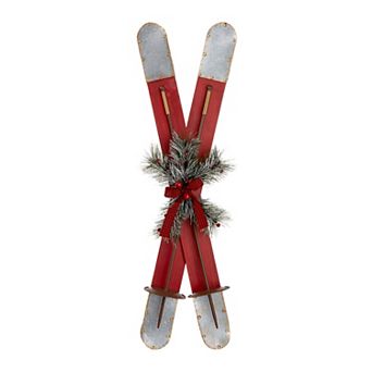 Glitzhome 35" H Red Wooden Ski Porch Decorations, Christmas Ornament Sleigh Wall Signs