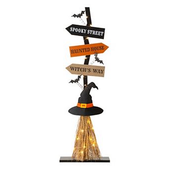 Glitzhome Broom Porch Decor, Halloween Porch Sign with Timer